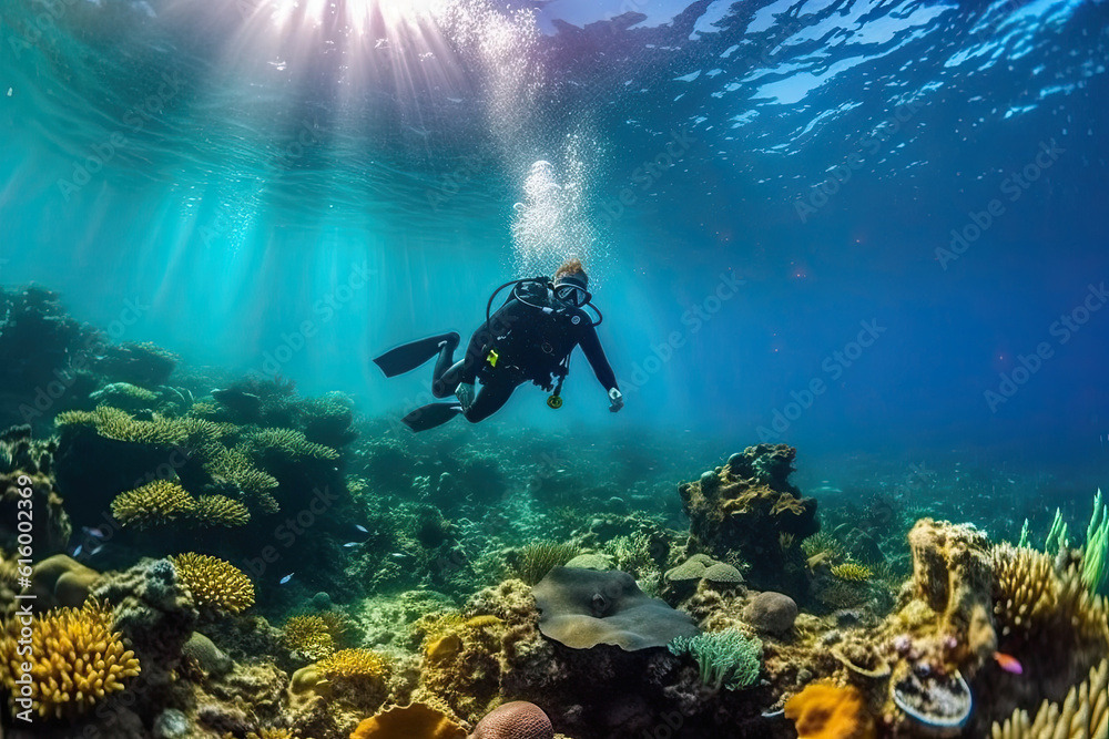 a scuba diver in the great barrier reef, grand cayman island, british virgin islands, caribbean islands, canada stock photo a scuba diver in the great barrier reef, grand cayman island, british virgin islands, caribbean islands, canada stock photo