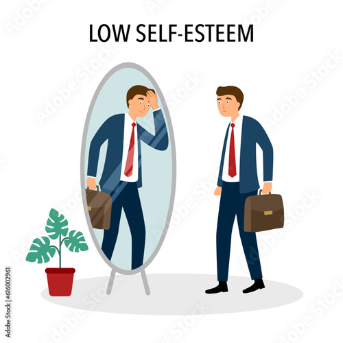 Low self esteem concept vector illustration. Businessman standing in front of mirror with low self confidence in flat design on white background.