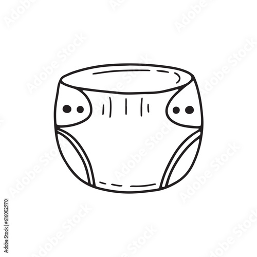 Baby diaper doodle icon front view in vector. Closed baby diaper hand drawn illustration in vector