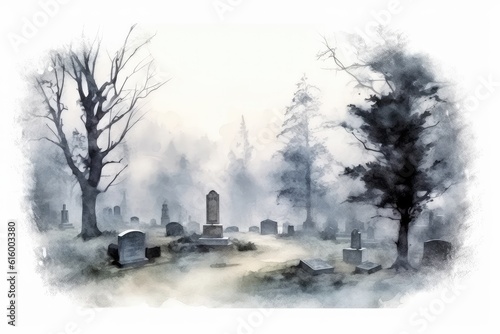 Mysterious fog enveloping a graveyard or eerie setting Watercolor. 