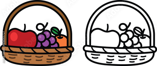 Illustration of isolated colorful and black and white fruit in the basket for coloring book