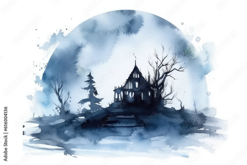 Fototapeta premium A menacing silhouette of a haunted house against a full moon backdrop. 