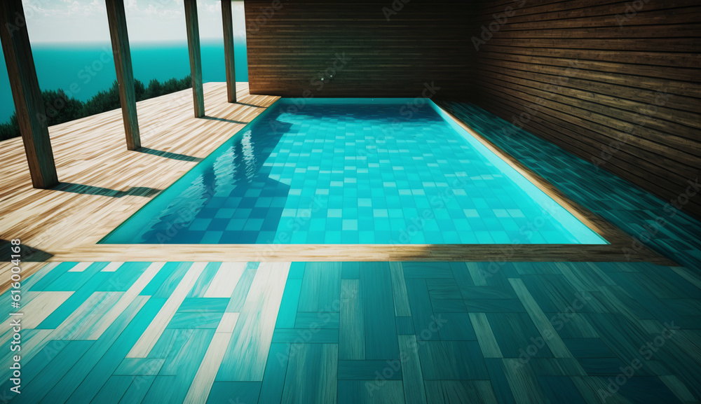 Blue Swimming Pool With Teak Wood Floring, Generative AI
