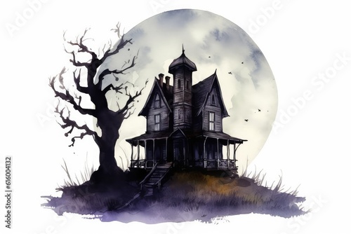 A menacing silhouette of a haunted house against a full moon backdrop. 