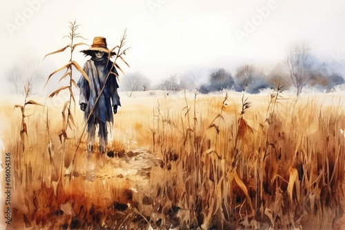 A sinister pumpkin-headed scarecrow lurking in a desolate cornfield. 