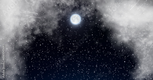 Beautiful realistic night starry sky under the veil of soft cumulus clouds. Vector background with vacant space for text, greetings or objects. Skyscape with full moon inside the white mist clouds.