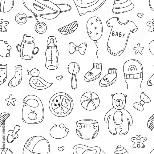 Hand drawn seamless pattern of baby shower elements, toy, ball, milk bottle, sock. Doodle sketch style. Baby element drawn by digital pen. Vector illustration for wallpaper, background, textile design