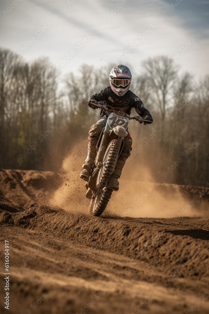 Kid Riding Motor Bike Off Dirt Jump In Air Wearing Dirt Bike Apparel, Generative AI Kid Riding Motor Bike Off Dirt Jump In Air Wearing Dirt Bike Apparel, Generative AI