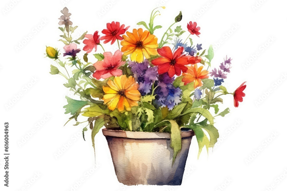 Summers flowers in recycle pot drawing color white background.
