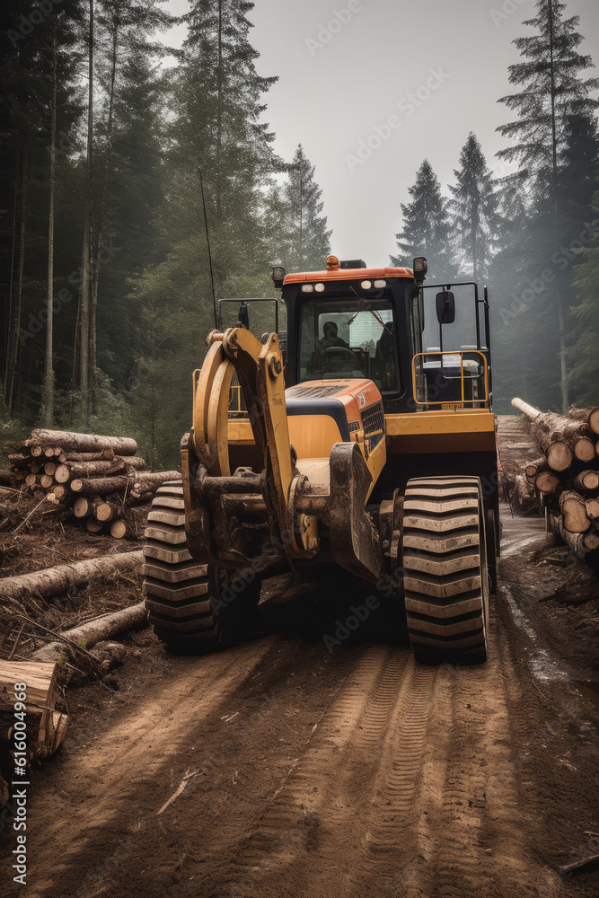 Log Loader Of Forestry Machine Loads A Log Truck, Generative AI