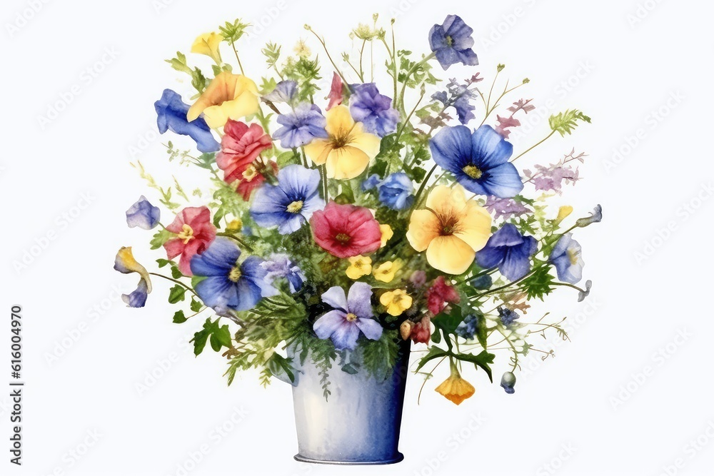 Obraz premium Summers flowers in recycle pot drawing color white background.