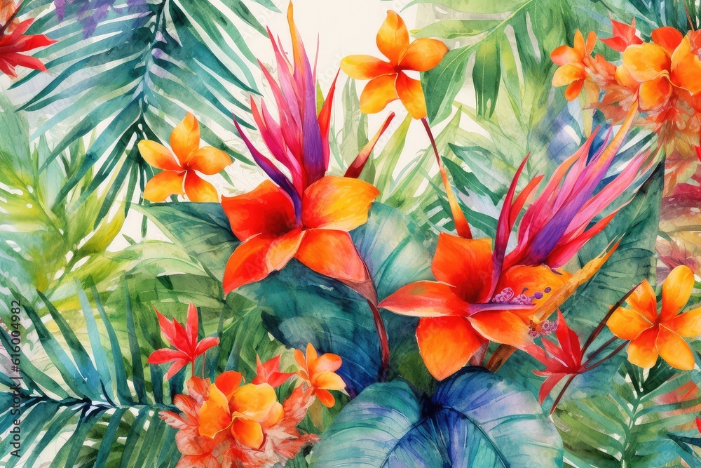 Tropical Paradise: Use vibrant tropical flowers and foliage against a textured background to create a lively and exotic atmosphere.