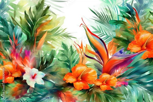 Tropical Paradise: Use vibrant tropical flowers and foliage against a textured background to create a lively and exotic atmosphere.