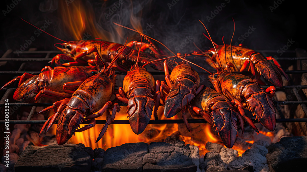 crays cooking on an outdoor grill with flames in the background and smoke coming out from the top right side crays cooking on an outdoor grill with flames in the background and smoke coming out from the top right side