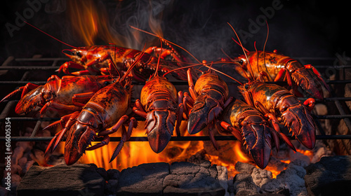 crays cooking on an outdoor grill with flames in the background and smoke coming out from the top right side