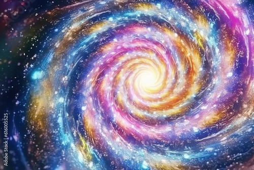 Iridescent sparkle rainbow fairy dust spiral swirl. Glitter shimmer galaxy spin. Magical fantasy background wallpaper. 