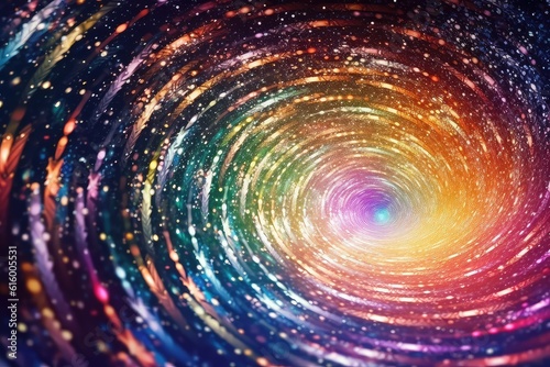 Iridescent sparkle rainbow fairy dust spiral swirl. Glitter shimmer galaxy spin. Magical fantasy background wallpaper. 