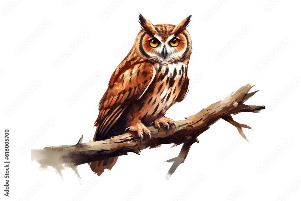 Obraz premium Owl perched on a Branch illustration on white background.