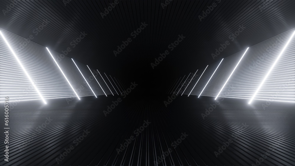 Naklejka premium 3d rendering of dark abstract sci-fi tunnel with neon light, Futuristic spaceship corridor.