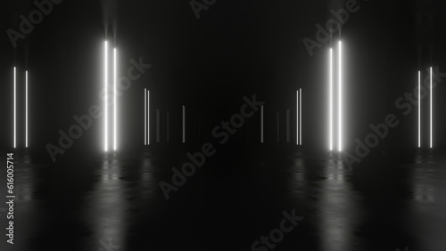 Fototapeta Naklejka Na Ścianę i Meble -  3d rendering of dark abstract sci-fi tunnel with neon light, Futuristic spaceship corridor.