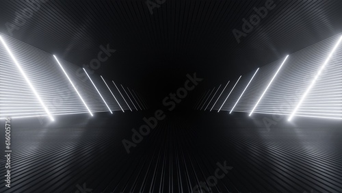 Fototapeta Naklejka Na Ścianę i Meble -  3d rendering of dark abstract sci-fi tunnel with neon light, Futuristic spaceship corridor.