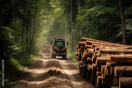Timber Carrier Cutdown Tree Logs By The Road In The Forest  Generative AI