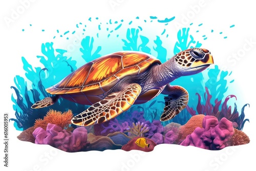 Sea Turtle Swimming in Coral Reef illustration on white background