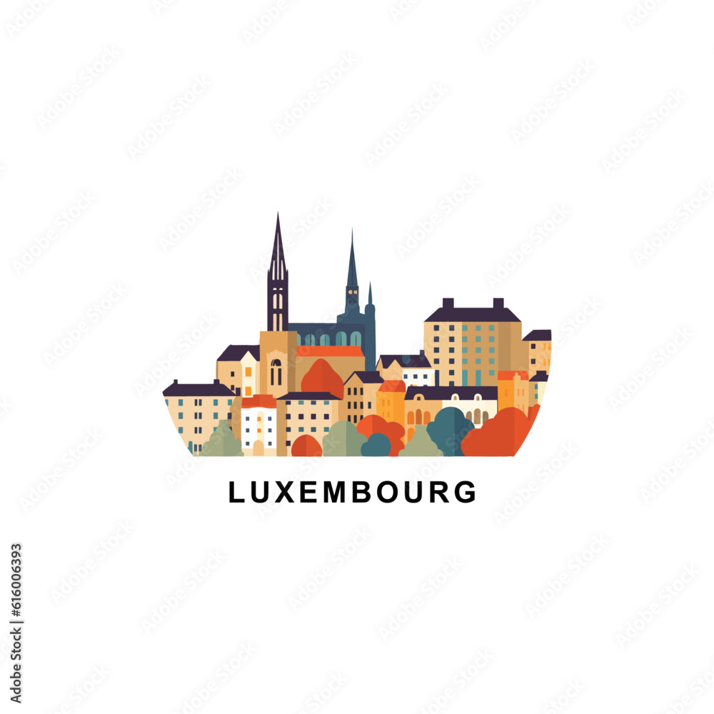 Luxembourg city skyline  abstract riverside vector landscape logo. Capital cityscape panorama silhouette flat icon