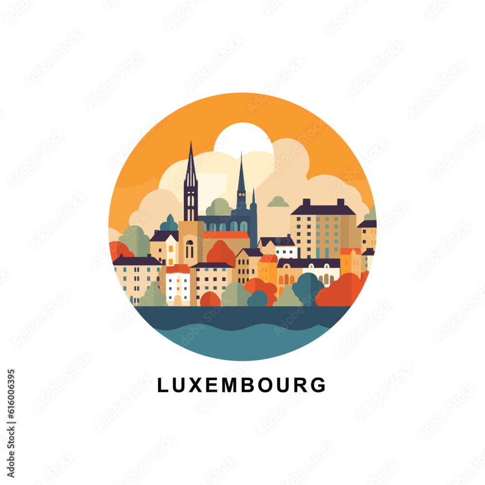Luxembourg city skyline abstract riverside vector landscape logo. Capital cityscape panorama silhouette flat icon