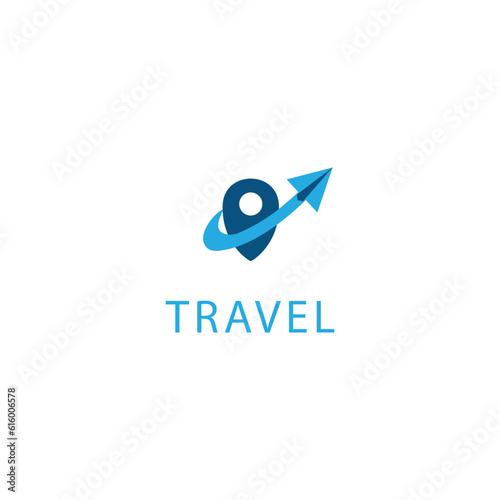 the travel logo surrounds the location, in blue