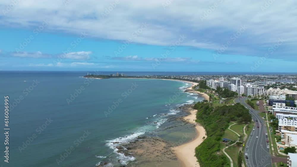 Wide Aerial Drone Mooloolaba Beach Coastal Town And Road On Sunny Day With Ocean Views, 4K Australia Wide Aerial Drone Mooloolaba Beach Coastal Town And Road On Sunny Day With Ocean Views, 4K Australia