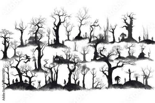 Creepy Trees and Forests illustration on white background.