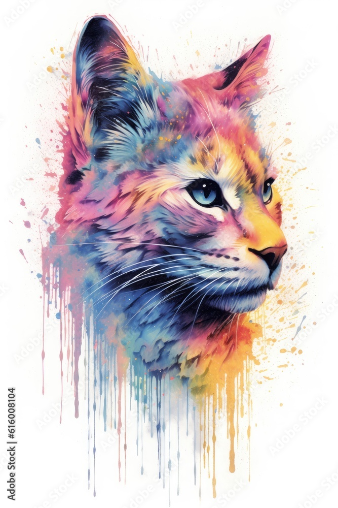 watercolor techniques to paint a cat print that has soft and fluid brushstrokes. subtle splashes of color to create a dreamy and ethereal effect . Cute cat