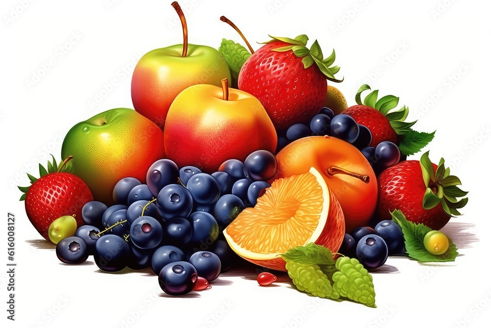 Fresh Fruits and Berries illustration on white background.