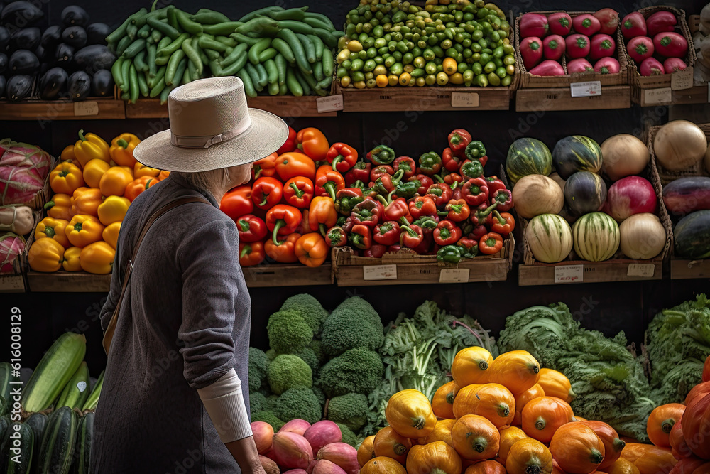 a woman standing in front of a display of fresh fruits and vecals at a farmer's market