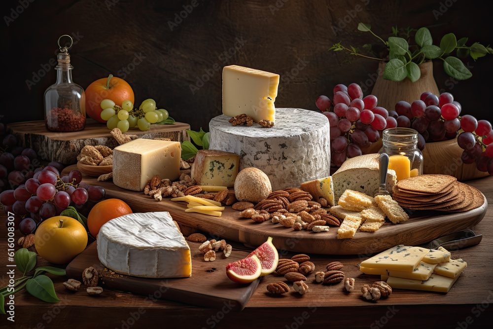 cheese, grapes and nuts on a wooden cutting board with wine in the photo is taken from above to the table