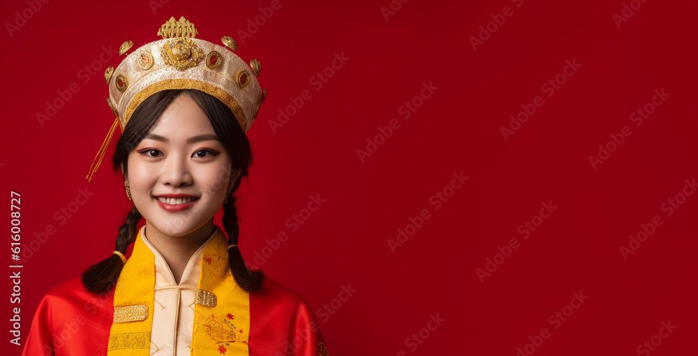 a smiling young woman wearing queen clothes in dark red background generative ai