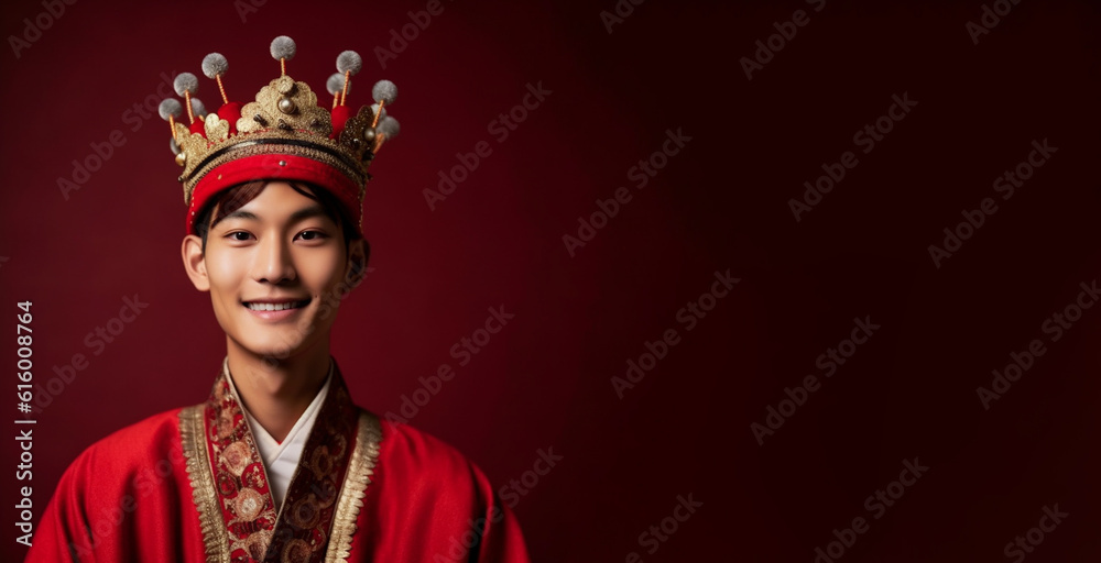 a smiling young men wearing king clothes in dark red background generative ai