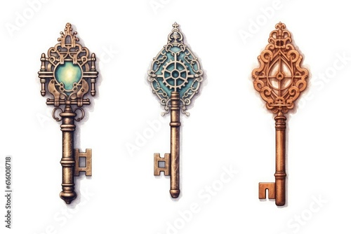 Mysterious Keys and Doors illustration on white background.