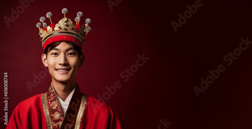 a smiling young men wearing king clothes in dark red background generative ai