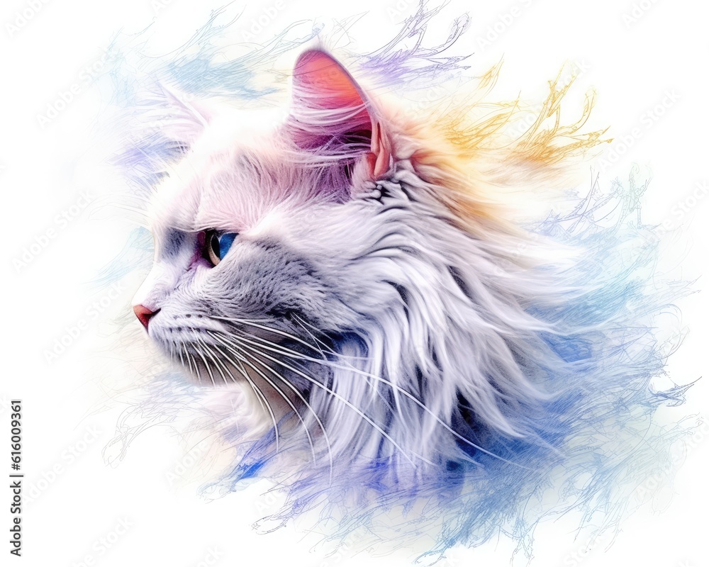 watercolor techniques to paint a cat print that has soft and fluid brushstrokes. subtle splashes of color to create a dreamy and ethereal effect . Cute cat  
