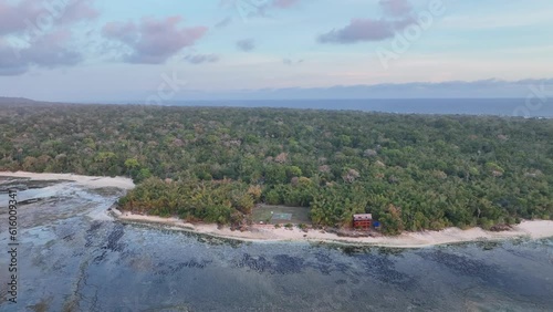 Drone shot of coral reef and dense jungle of Alas Purwo National Park on tropical Indonesian island, Java, moving forward and showing the edge of a surf camp photo