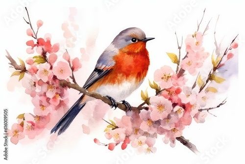 Watercolor Bird with Blossoming Branch on white background. photo