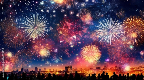 Happy new year 2024, fireworks background, Generative Ai