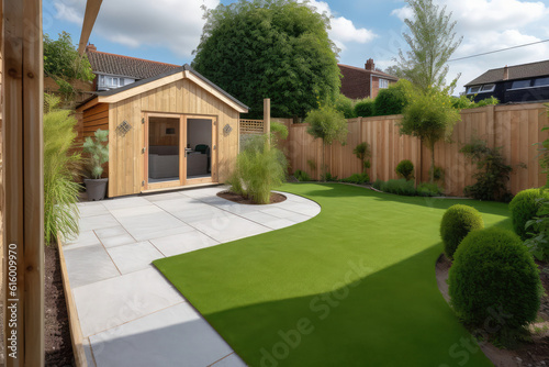 A general view of a back garden with artificial grass, grey paving slab patio, flower bed with plants, timber fences, blue shed, summer house garden timber outbuilding © Kien