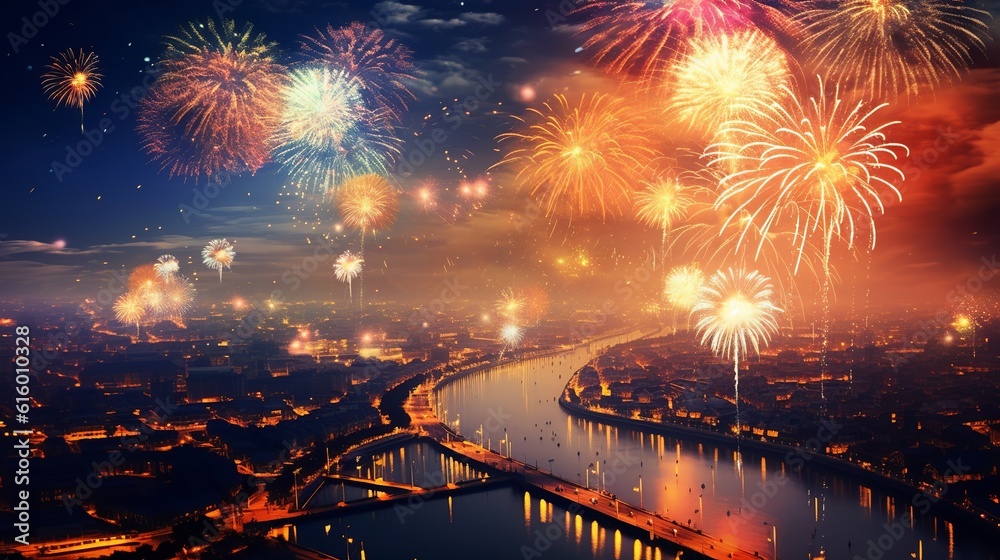 Happy new year 2024, fireworks background, Generative Ai Stock