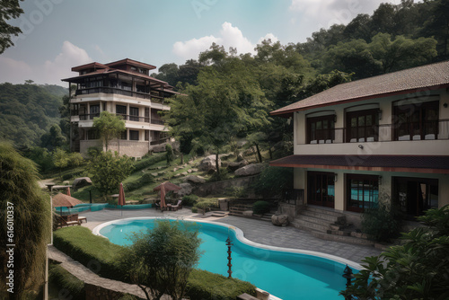 Splendid hotel, nestled amidst a picturesque landscape, offering breathtaking views of the surrounding mountains and lush forests. Exterior view with swimming pool