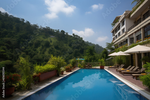 Splendid hotel  nestled amidst a picturesque landscape  offering breathtaking views of the surrounding mountains and lush forests. Exterior view with swimming pool