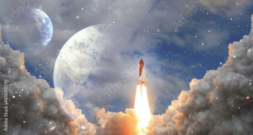 Fototapeta Naklejka Na Ścianę i Meble -  rockets launch into space on the starry sky. spacecraft flies into space with clouds of smoke. Elements of this image furnished by NASA