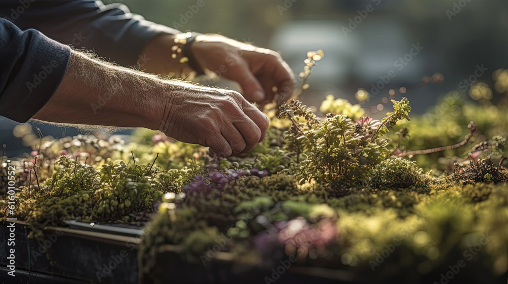 Fototapeta premium a person's hand picking plants from a planter's tray on the roof of their home in seattle, washington